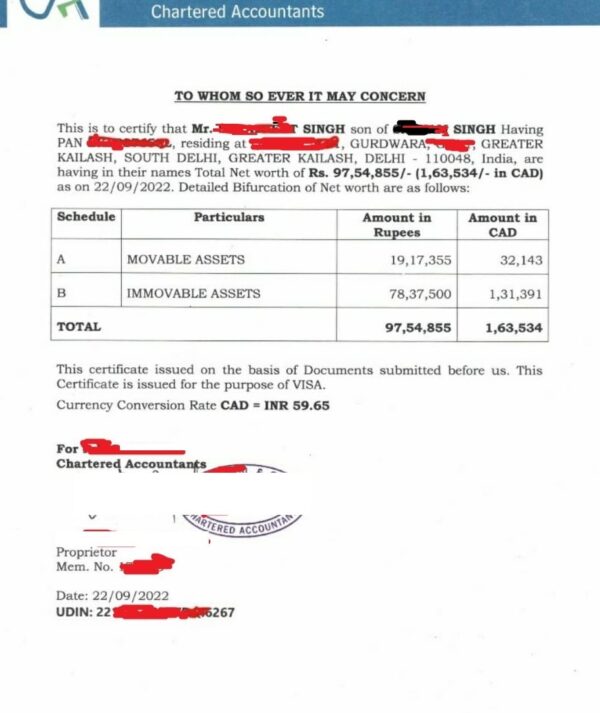 Net Worth Certificate for VISA